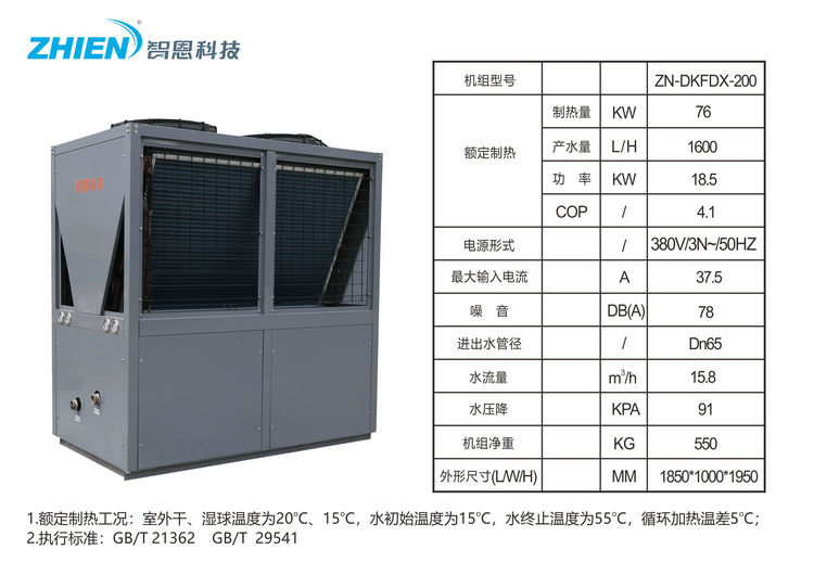 智恩空气能商用热水热泵：20HP顶出风参数表